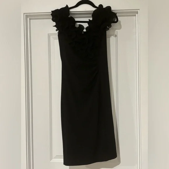 Xscape Evenings Wire Trim Off the Shoulder Black Sheath Dress - Picture 8 of 9